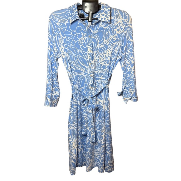Talbots Dresses & Skirts - Talbots Blue & White Floral Midi Shirt Dress w/ Tie, Long Sleeves, Sz. M, NWOT